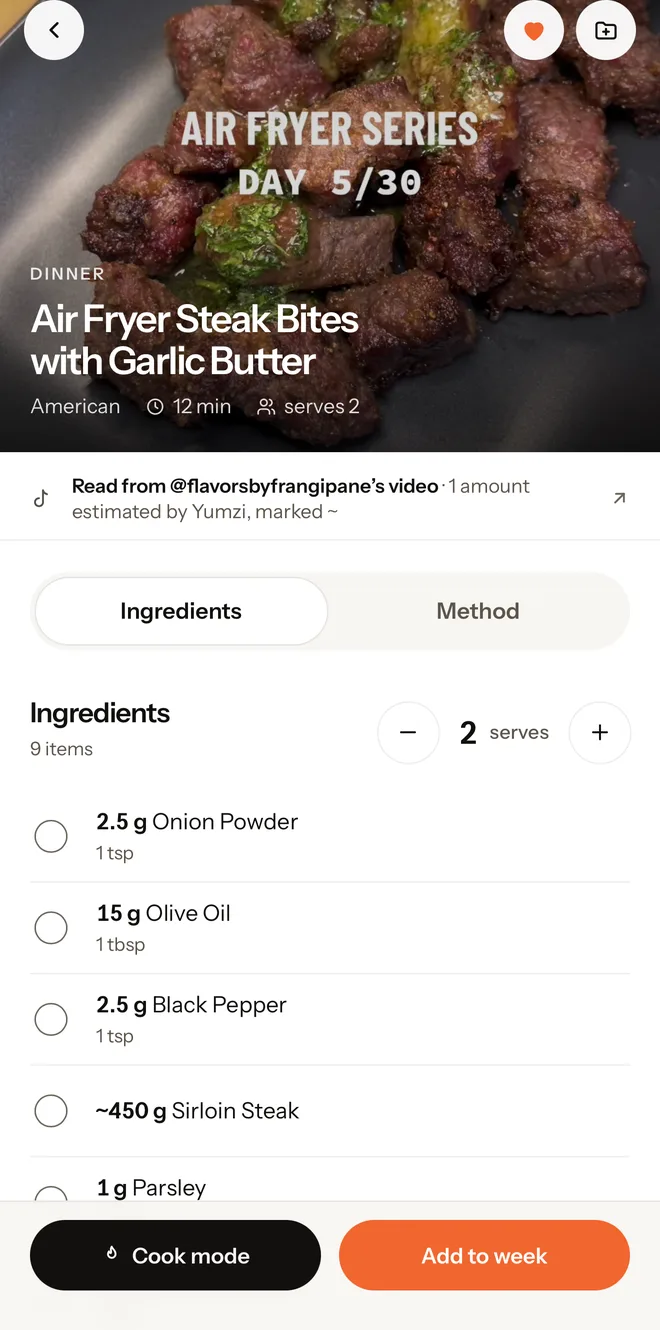 A recipe in Yumzi, read from the creator's video