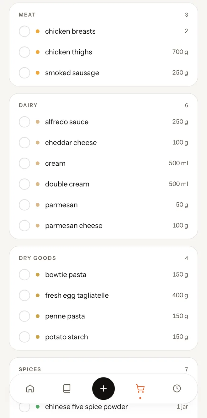 Yumzi's shopping list, in the order you shop